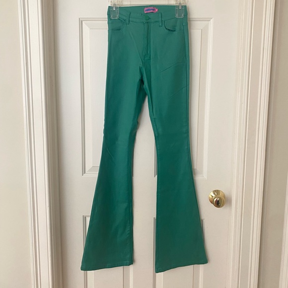 Faux Leather Green Flare Jeans - Picture 3 of 10